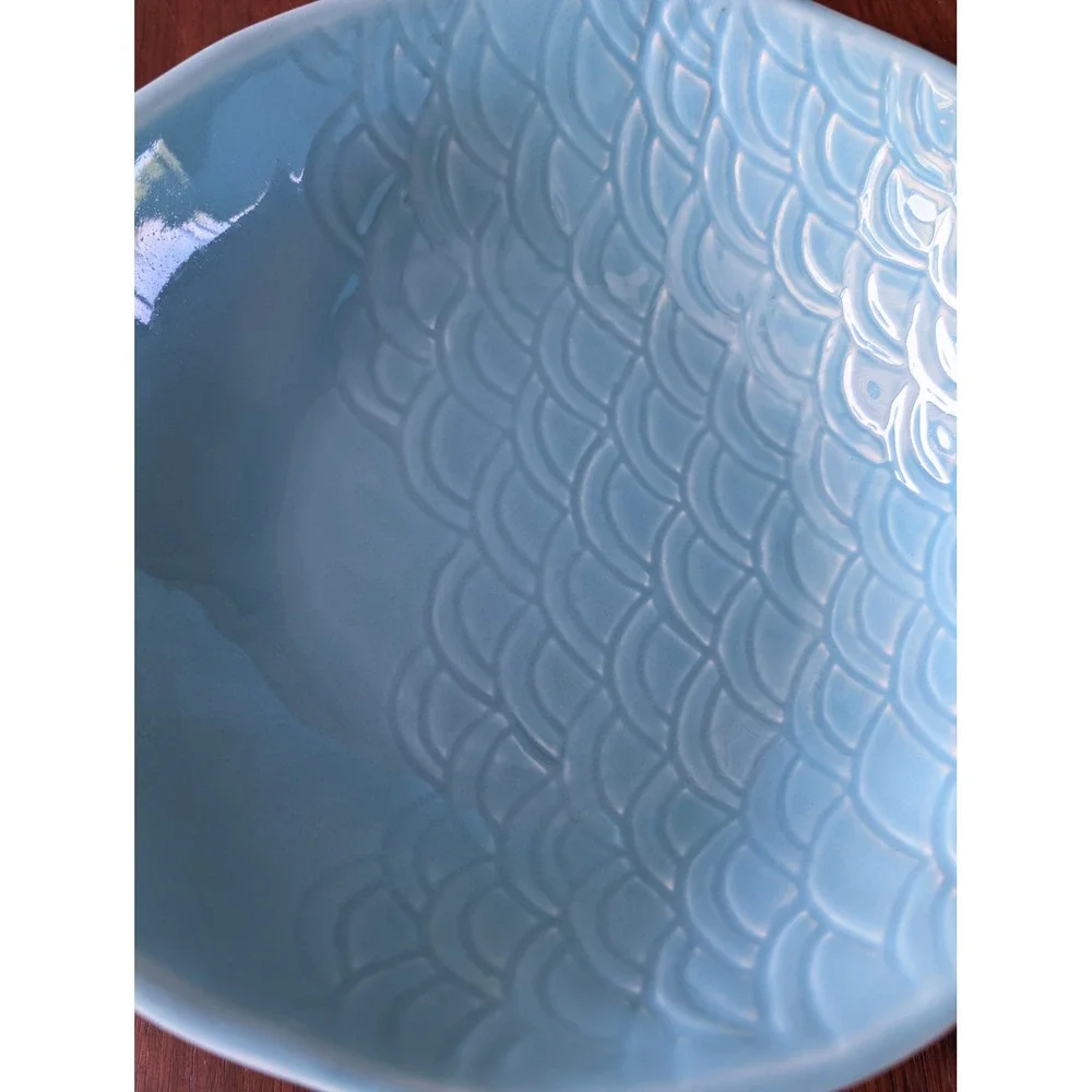 Farval Portugal Blue Ceramic Fish Serving Bowl Embossed Scales Coastal‎ Decor